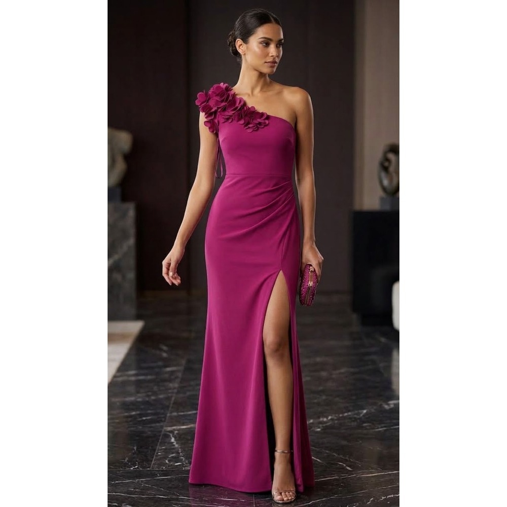 Lulus Magenta One Shoulder 3D Floral Maxi Dress Pink HDS225 XS